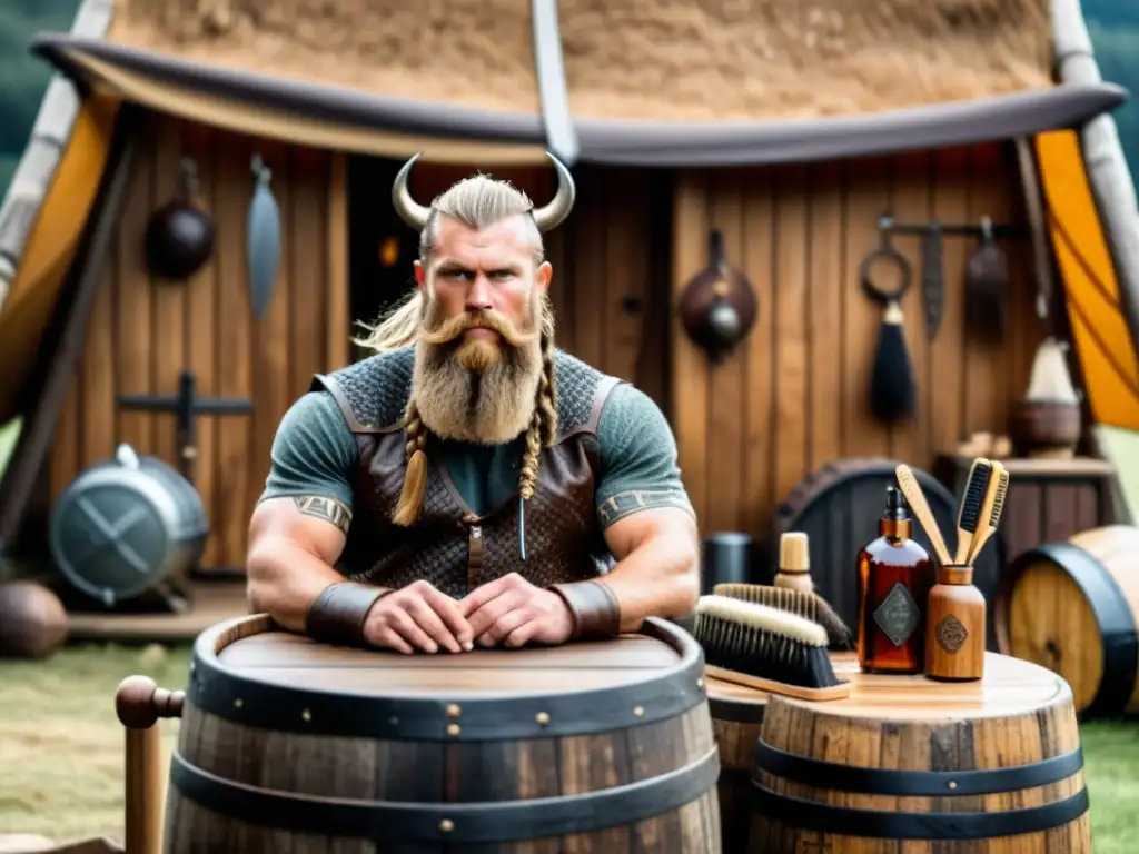 Un guerrero vikingo cuidando su barba en un asentamiento vikingo, rodeado de herramientas de aseo