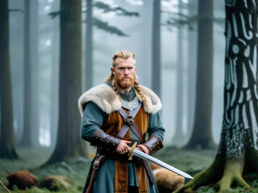 Un guerrero vikingo en el bosque con una espada detallada