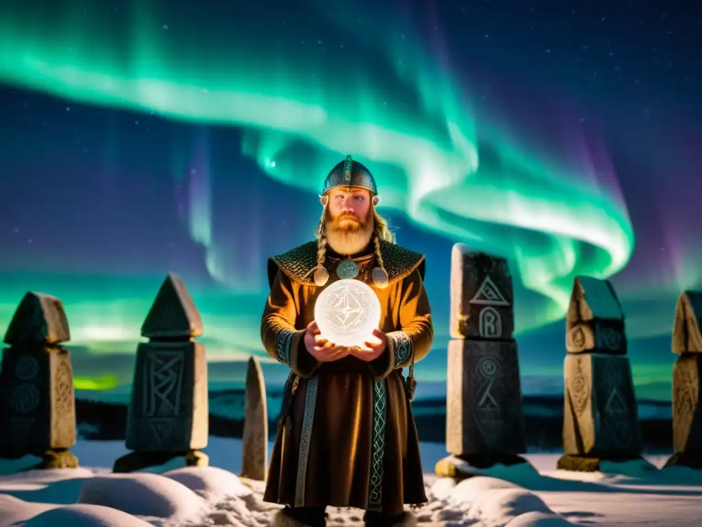 Un guerrero vikingo en un bosque místico bajo la aurora boreal, con piedras rúnicas brillantes