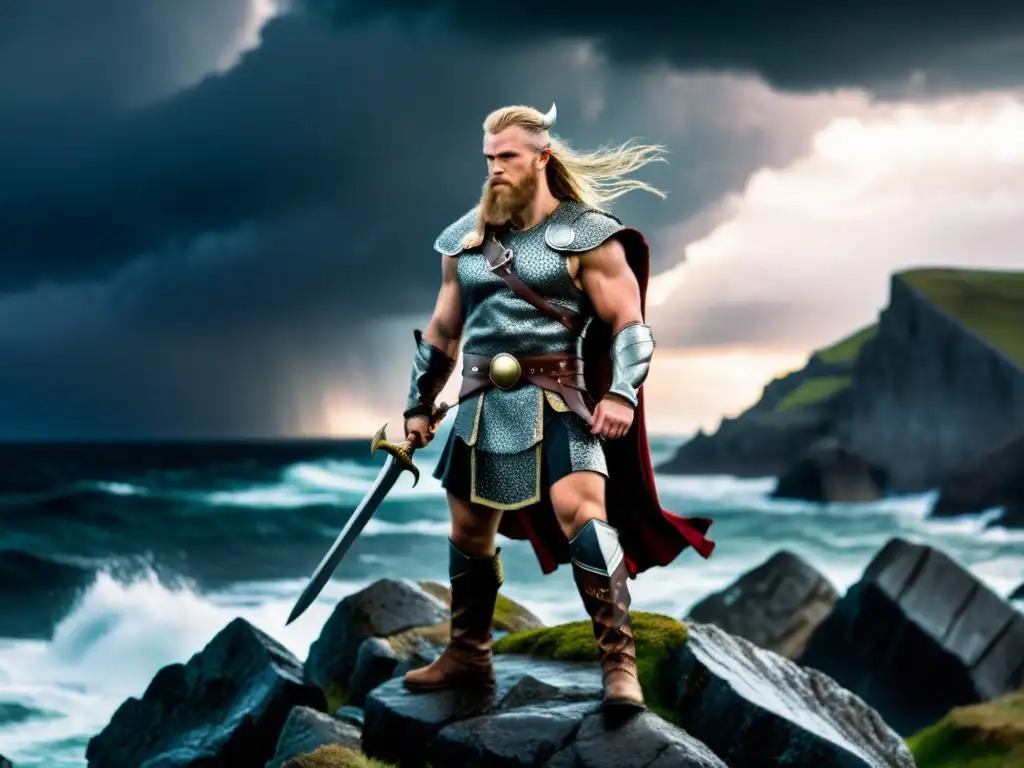 Un guerrero vikingo con brazaletes vikingos de fuerza en un acantilado, mirando un mar tormentoso