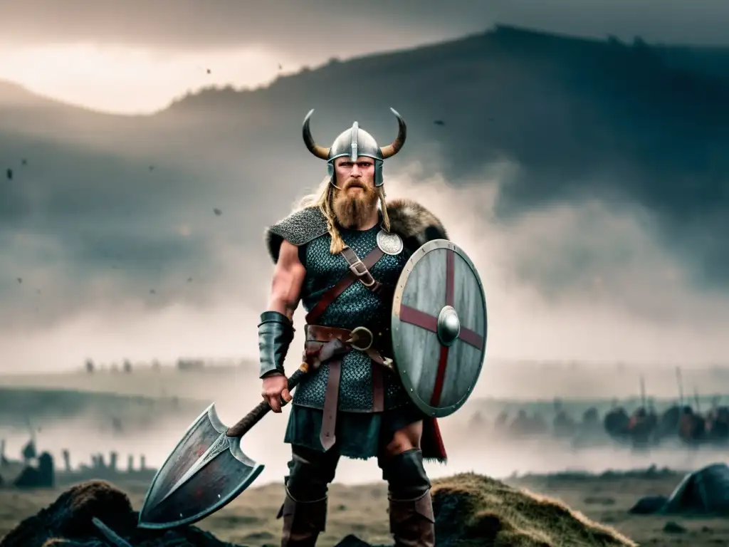 Un guerrero vikingo en un campo de batalla, con mirada intensa y armado con hacha y escudo