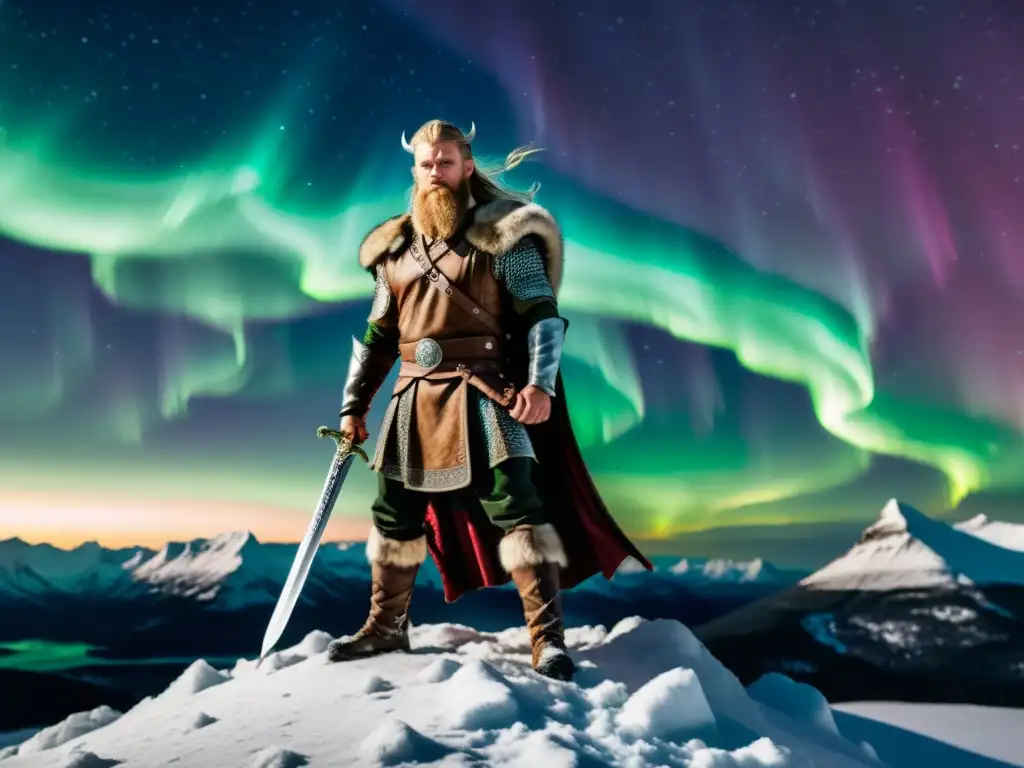 Un guerrero vikingo en la cima de una montaña nevada, bajo la aurora boreal, refleja el significado espada vikinga mitología