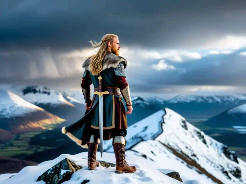 Sigurd, guerrero vikingo, en la cima nevada con cielo tormentoso