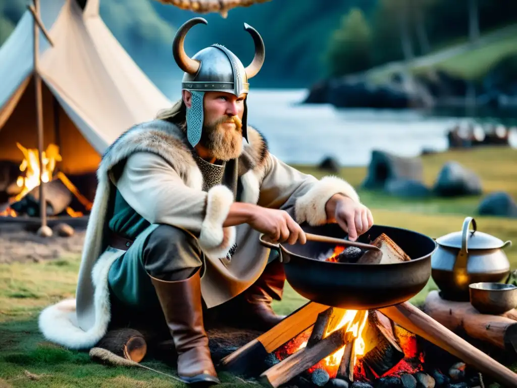 Un guerrero vikingo cocina en un campamento con un caldero de hierro sobre el fuego