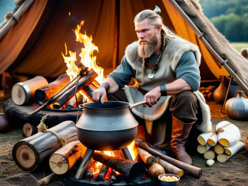 Un guerrero vikingo cocina sobre fogata rodeado de métodos de conservación de alimentos