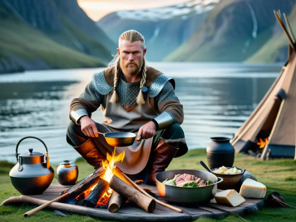 Guerrero vikingo preparando comida con proteínas de Guerrero Vikinga en un fiordo nórdico