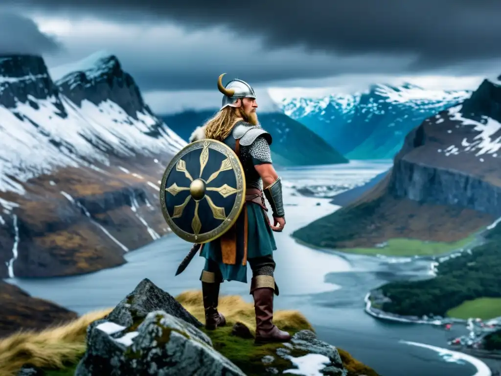 Guerrero vikingo en acantilado nevado: destino y decisión Un guerrero vikingo contemplativo en un acantilado, con un hacha de batalla, en un paisaje nórdico tormentoso