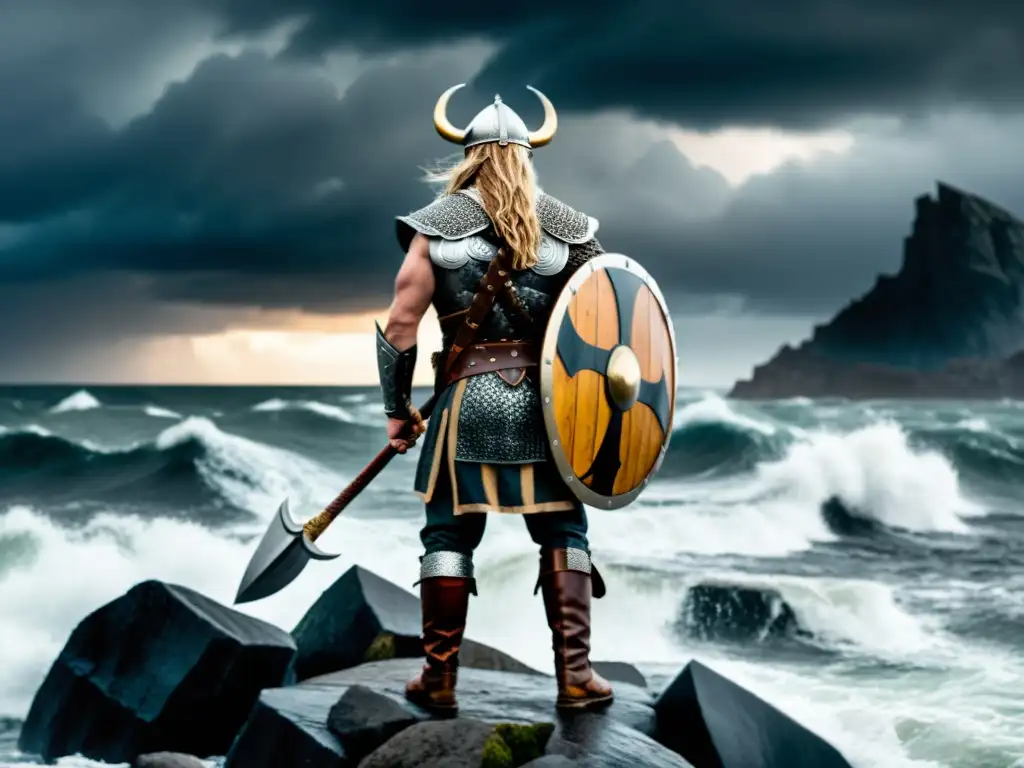 Viking guerrero en la costa rocosa: escena épica 8k Un guerrero vikingo en la costa rocosa con tormenta, lobo y barco - Videojuegos vikingos con elección
