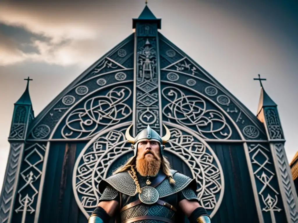 Un guerrero vikingo en la encrucijada entre iglesia cristiana y templo pagano, simbolizando el conflicto de creencias