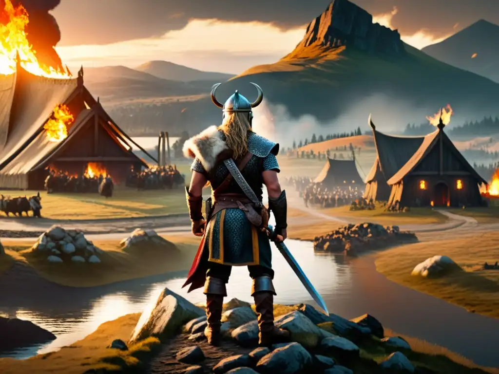 Viking en la encrucijada: paz o batalla en paisaje nórdico Un guerrero vikingo en una encrucijada entre la paz y la batalla, reflejando decisiones impactantes en videojuegos vikingos con elección