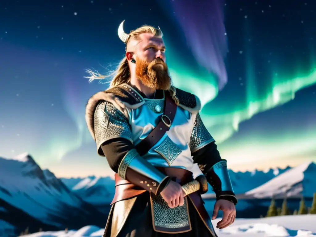 Un guerrero vikingo en un escenario nevado, con auroras boreales