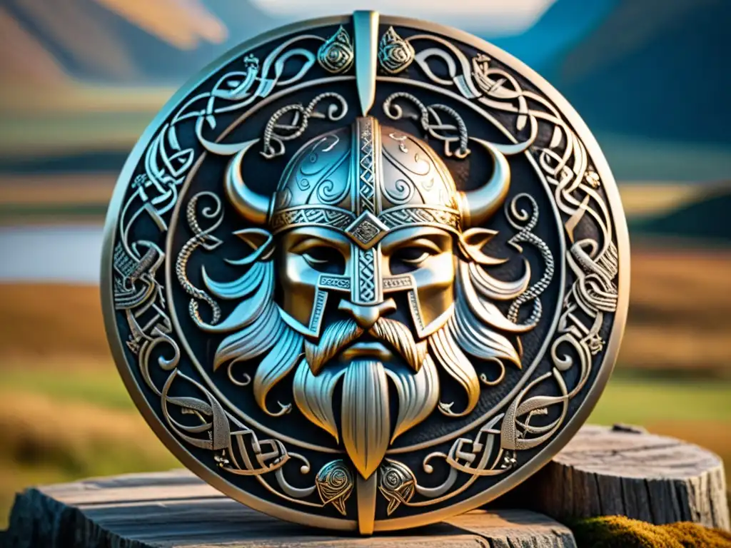 Un guerrero vikingo sostiene un escudo ornamentado con bestias míticas y patrones intrincados, reflejando la iconografía vikinga en joyas y armaduras