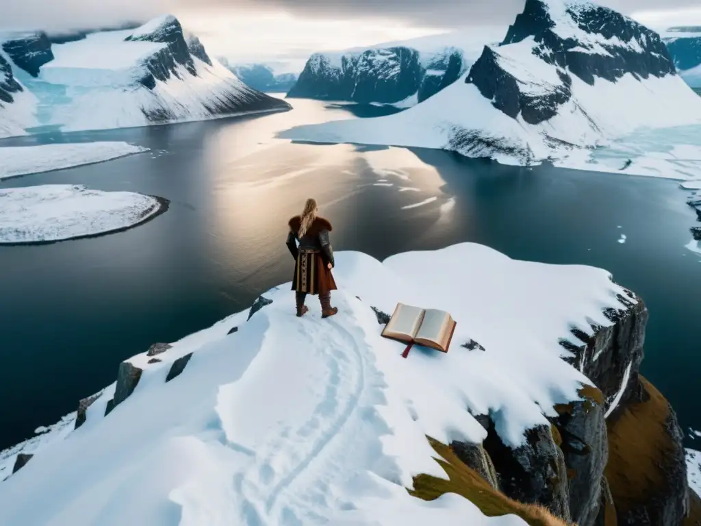 Un guerrero poeta vikingo contempla un fiordo helado, fusionando poesía y valentía