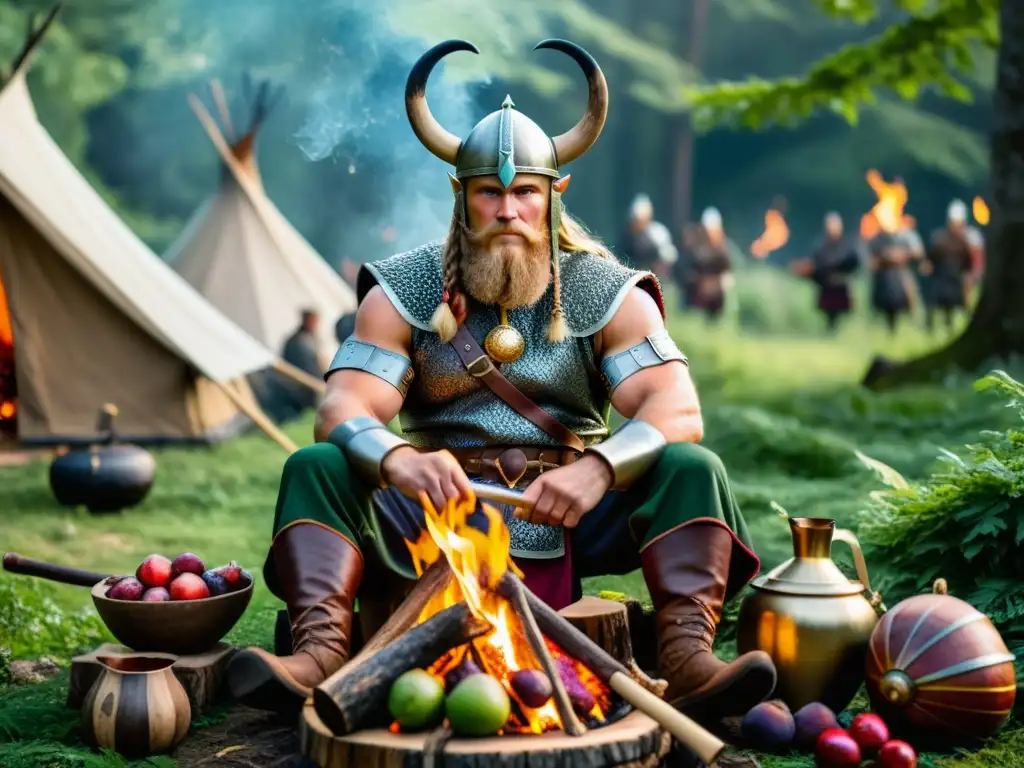 Un guerrero vikingo disfruta de frutas exóticas junto al fuego en el bosque