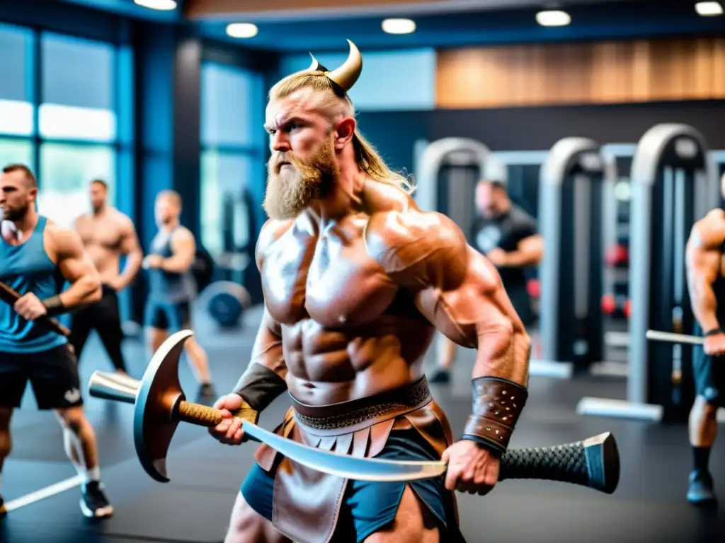 Un guerrero vikingo se entrena en un gimnasio moderno, con rostro de determinación y rodeado de espectadores asombrados