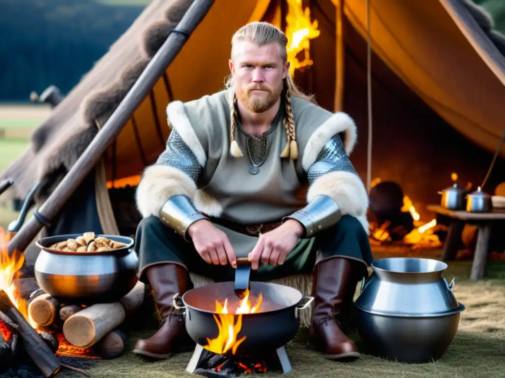 Un guerrero vikingo junto al fuego rodeado de comida en preparación