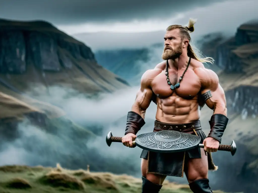 Un guerrero vikingo levanta una losa de piedra en un paisaje nórdico mistico
