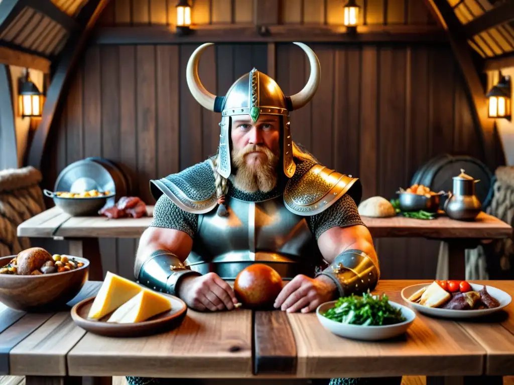 Un guerrero vikingo se sienta ante una mesa con alimentos tradicionales, destacando la alimentación vikinga salud y fuerza