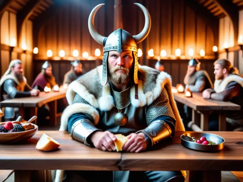 Un guerrero vikingo se sienta en una mesa llena de comida vikinga tradicional en un gran salón iluminado por antorchas