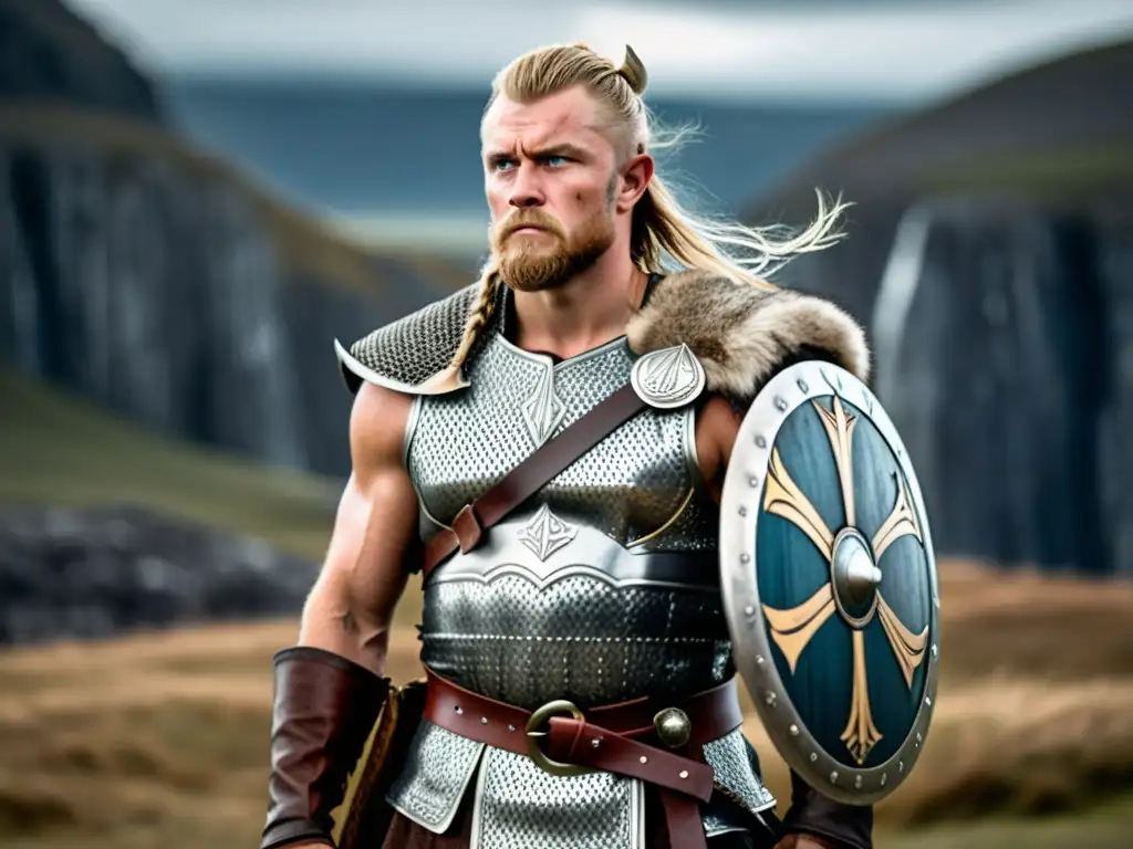 Un guerrero vikingo moderno en armadura de cuero, con un hacha y escudo, en un paisaje nórdico
