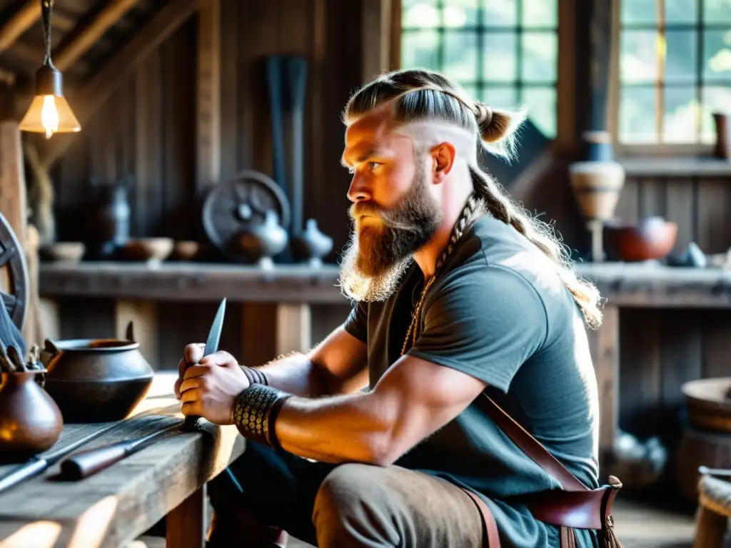 Un guerrero vikingo moderno, peinando su barba trenzada en un taller rústico lleno de artefactos vikingos antiguos y herramientas