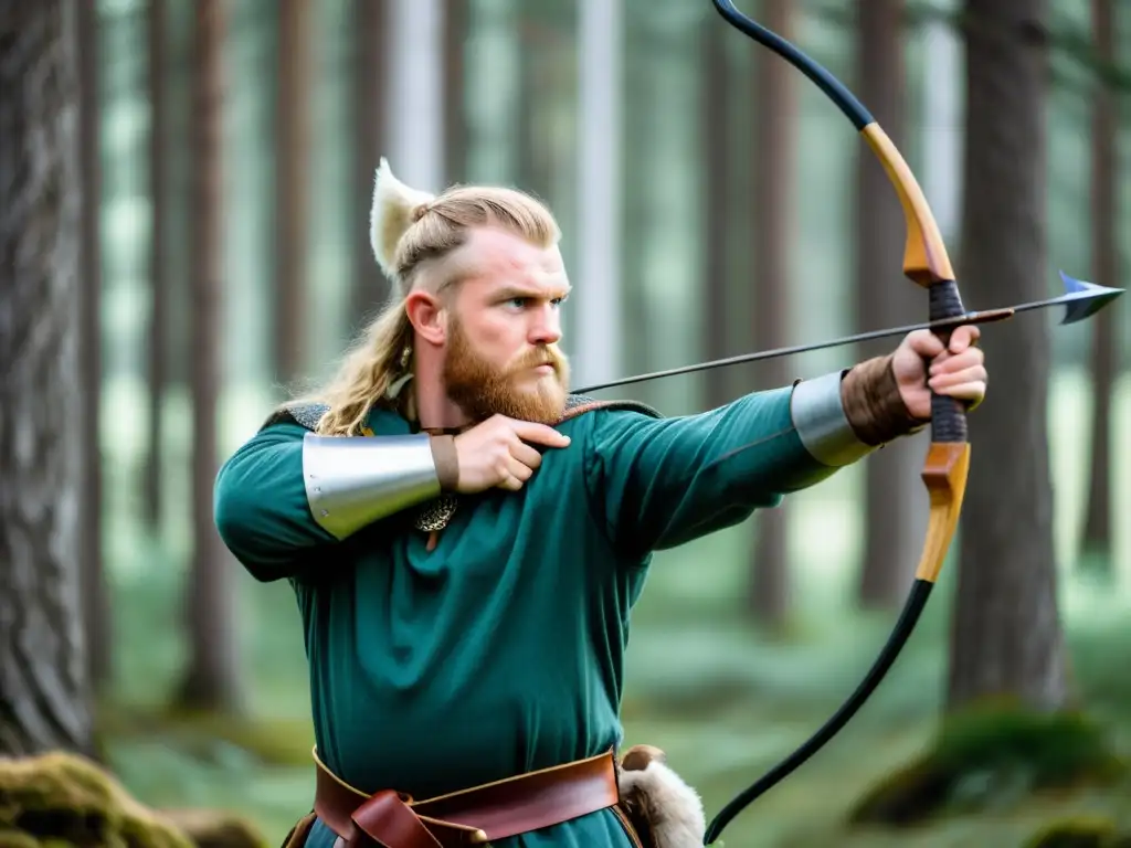 Un guerrero vikingo moderno concentrado en su objetivo, practicando Técnicas ancestrales de caza vikinga en un bosque nórdico exuberante