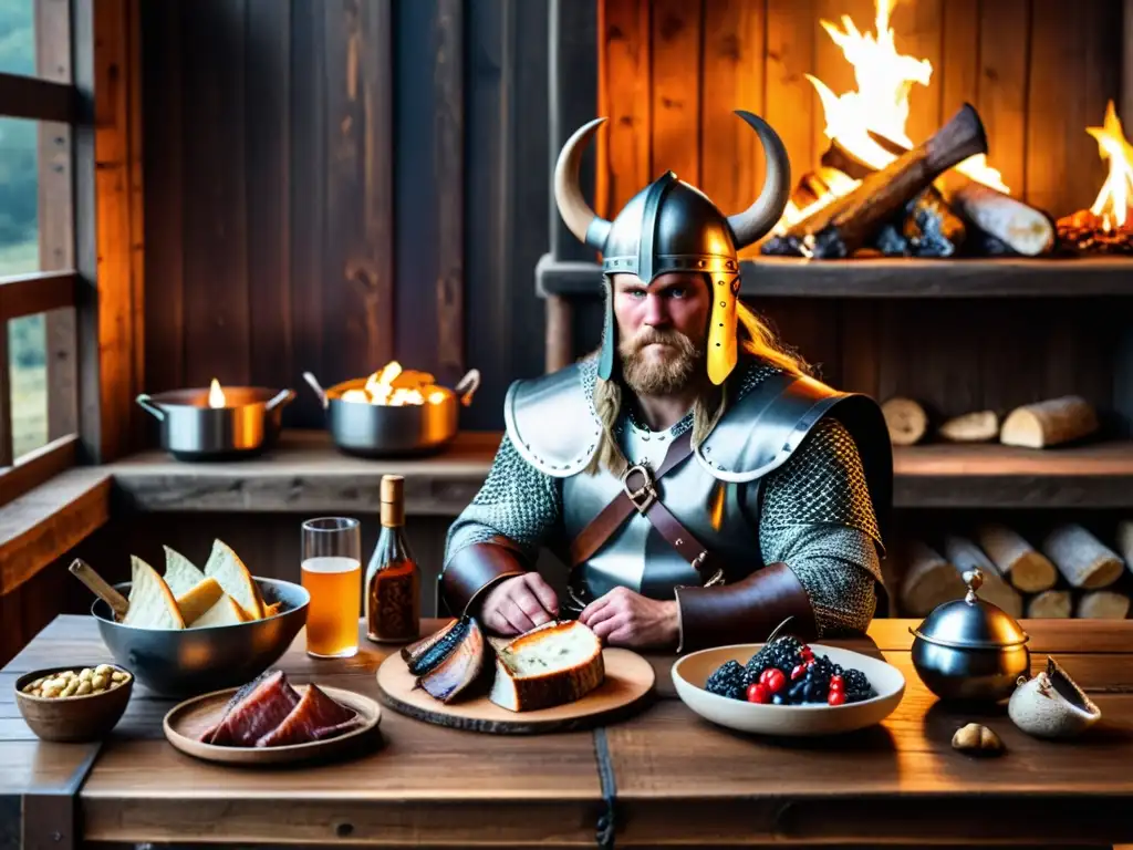 Un guerrero vikingo moderno disfruta de una mesa con alimentos tradicionales vikingos en un ambiente atmosférico