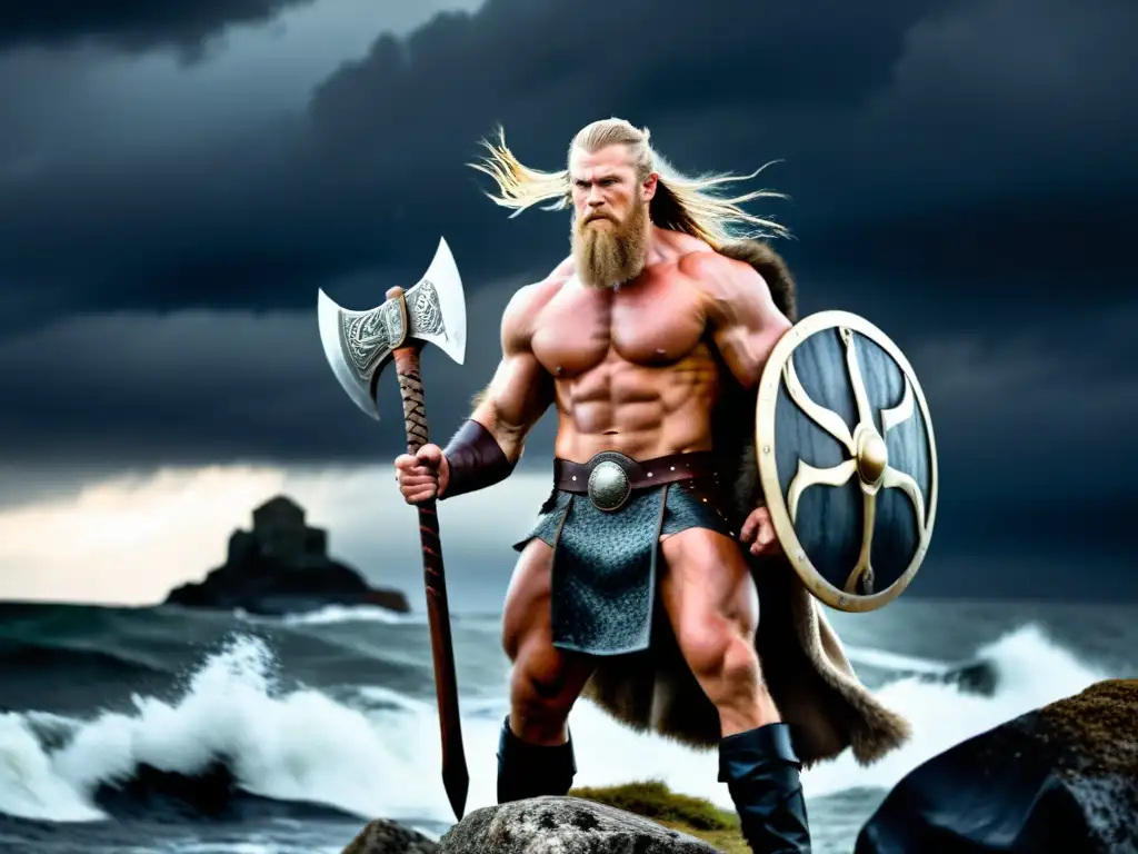 Viking guerrero en la costa: épico y feroz Un guerrero vikingo musculoso en la costa rocosa, el viento agita su cabello y capa de piel