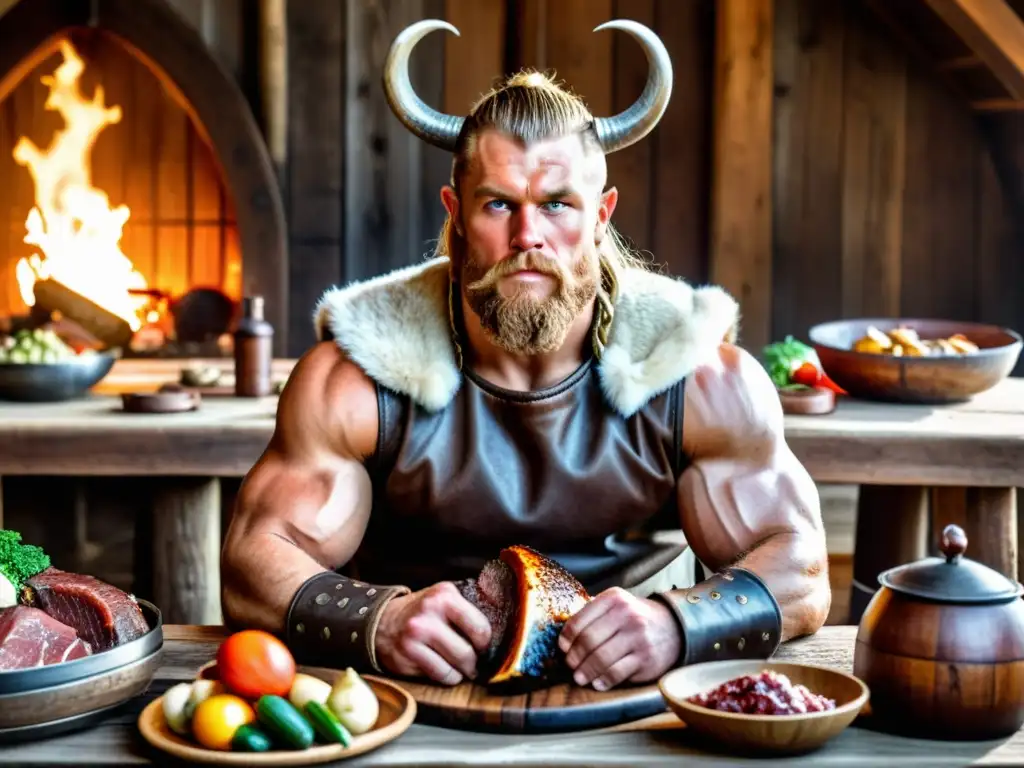 Un guerrero vikingo musculoso se sienta frente a una mesa de madera rodeado de alimentos abundantes y una cuerno lleno de hidromiel