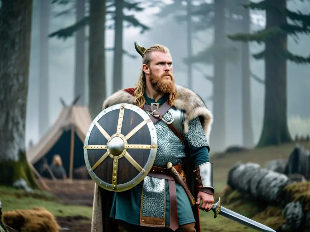 Viking guerrero en bosque misterioso con escudo y espada Un guerrero vikingo en la niebla del bosque, con vestimenta vikinga en el cine, mirando al horizonte con determinación