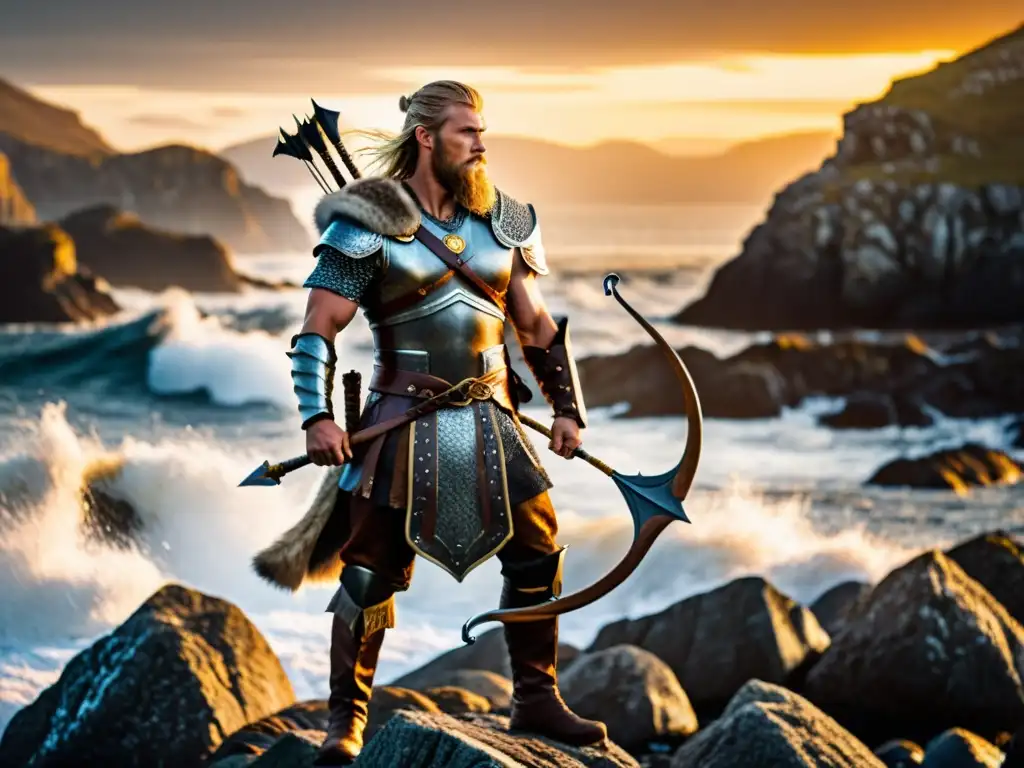 Un guerrero vikingo con proteínas de Pescador en un acantilado al atardecer