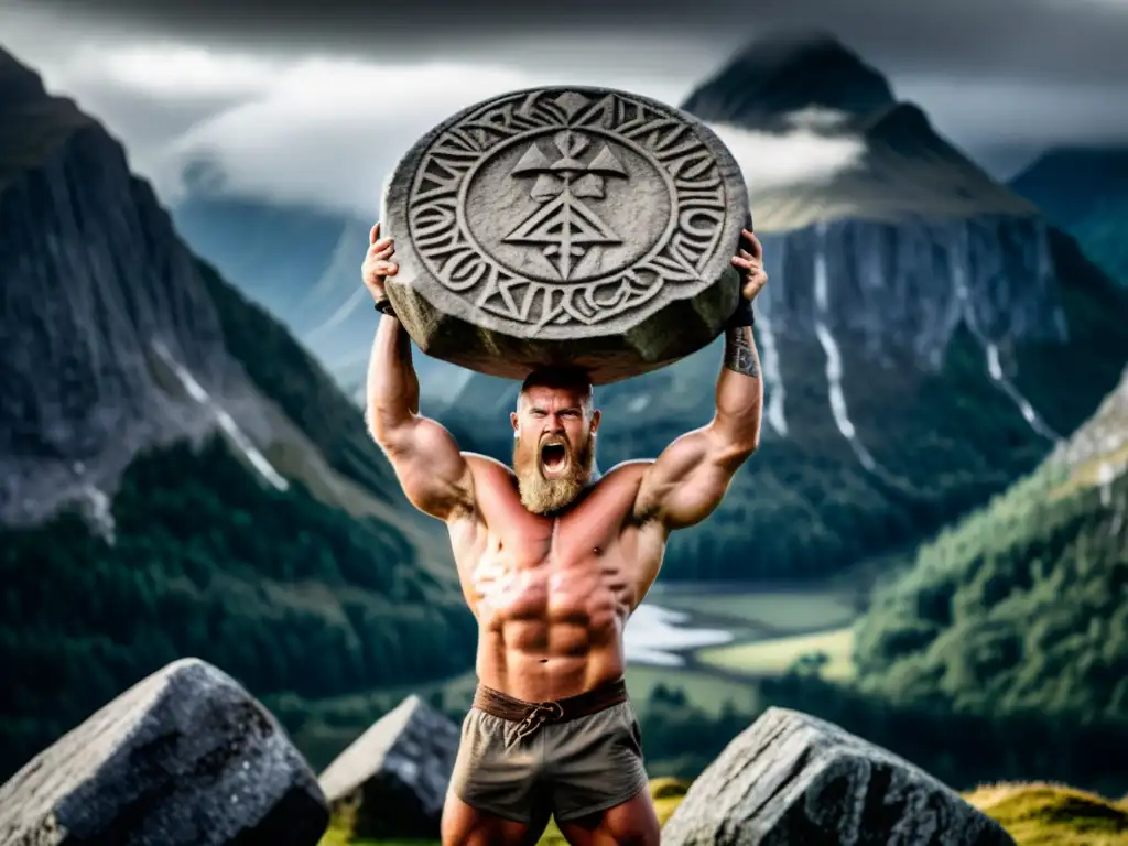 Un guerrero vikingo levanta una roca tallada en paisaje nórdico, mostrando fuerza bruta y determinación