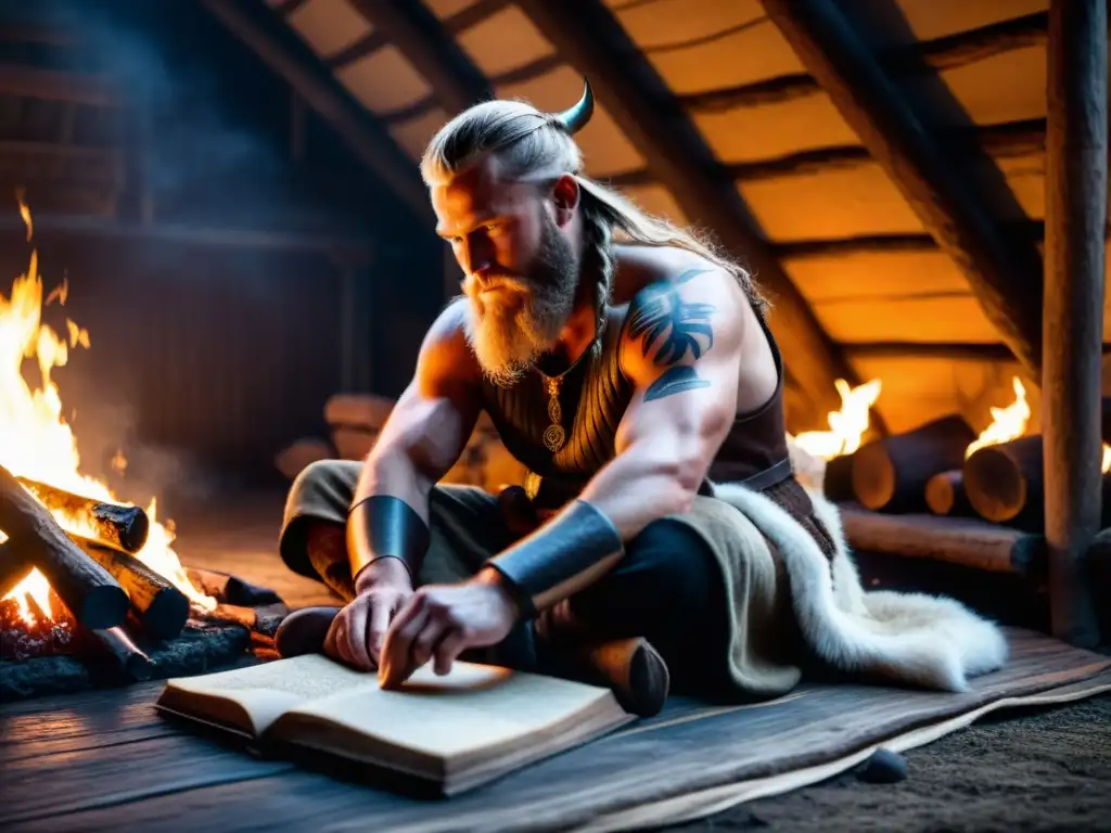 Viking escribiendo runas en la penumbra de su hogar Un guerrero vikingo transcribiendo runas en un manuscrito en una casa iluminada débilmente por el fuego