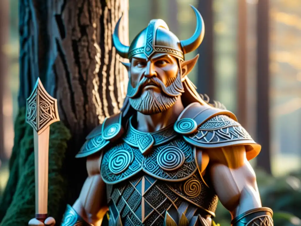 Escultura de Guerrero Vikingo: Detalles Épicos en Bosque Nórdico Un guerrero vikingo tallado en madera destaca en un bosque nórdico místico, con detalles impresionantes