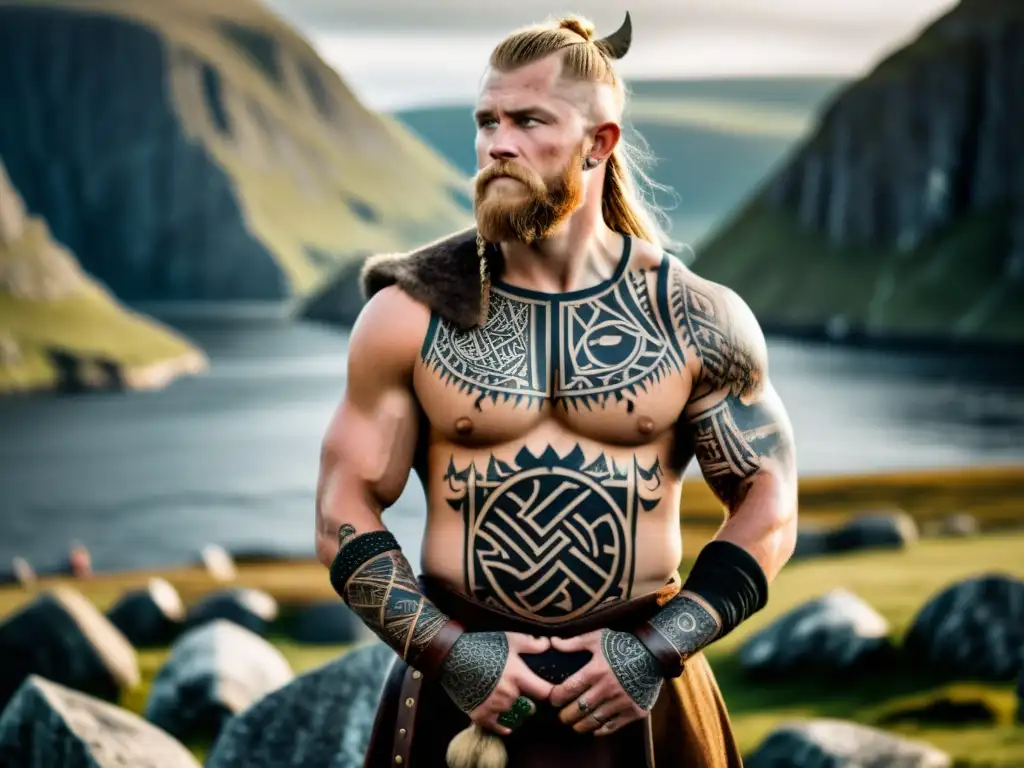 Un guerrero vikingo con tatuajes intrincados en un paisaje nórdico