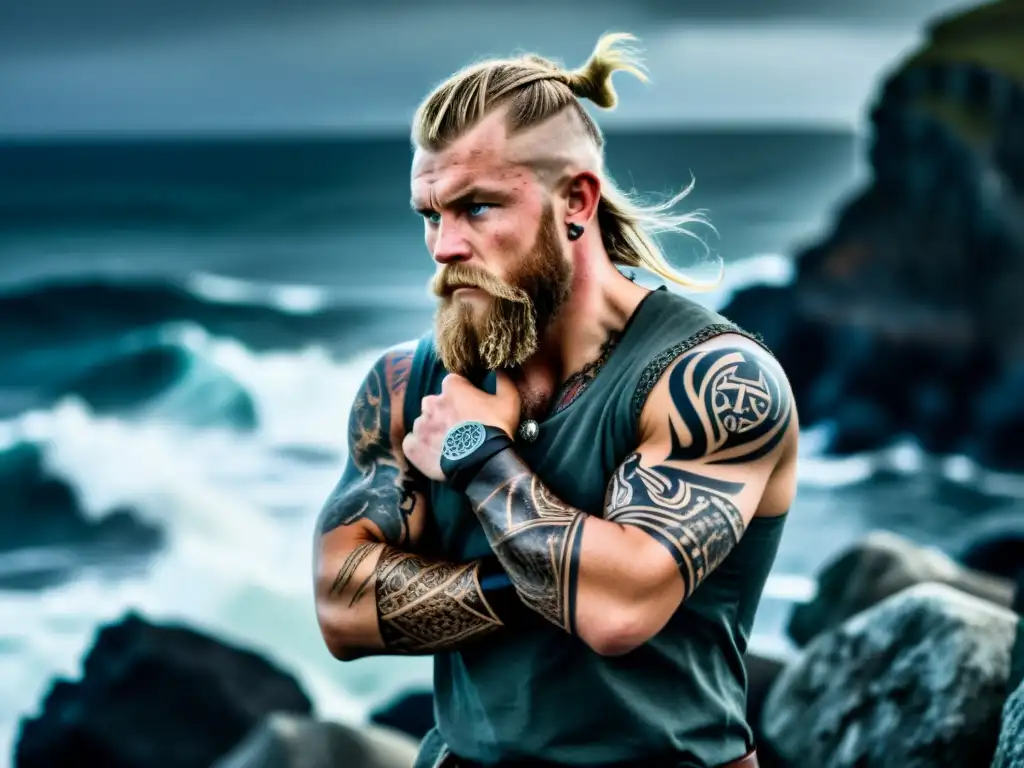 Un guerrero vikingo con tatuajes y mar tormentoso