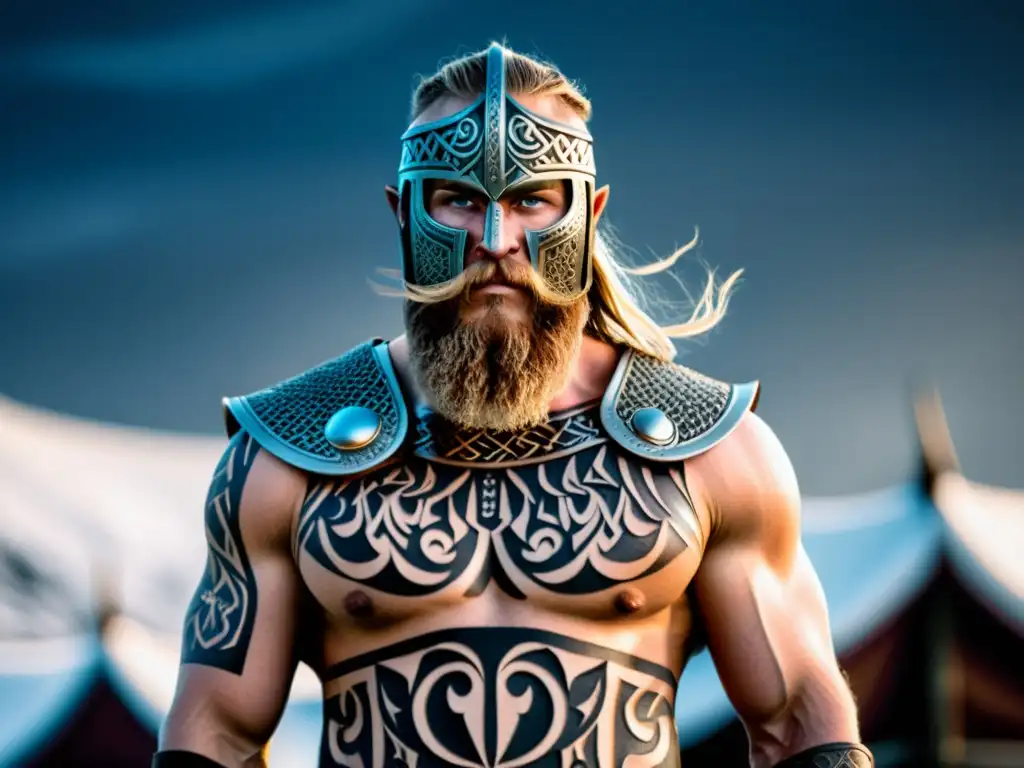 Ilustración detallada de un guerrero vikingo con tatuajes nórdicos Un guerrero vikingo con tatuajes rituales y escarificaciones, en una ilustración detallada