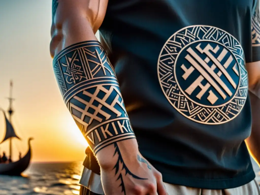 Un guerrero vikingo con tatuajes de runas en el antebrazo frente a un barco vikingo