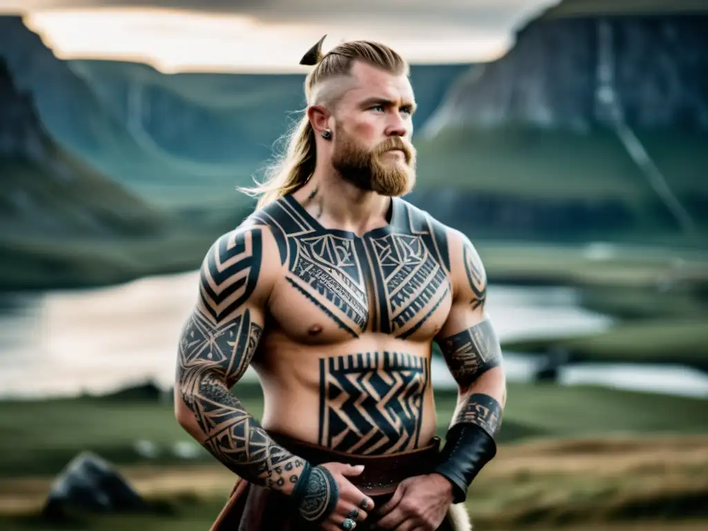 Un guerrero vikingo con tatuajes rúnicos en un paisaje nórdico