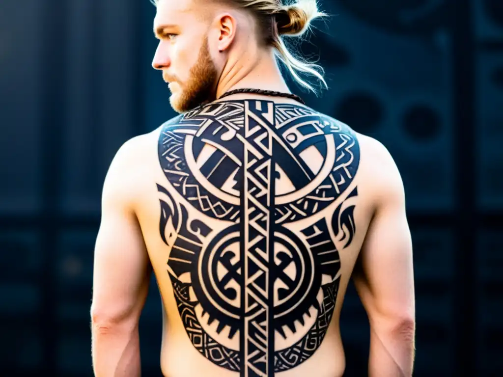 Un guerrero vikingo con tatuajes rúnicos que representan el significado de la mitología nórdica