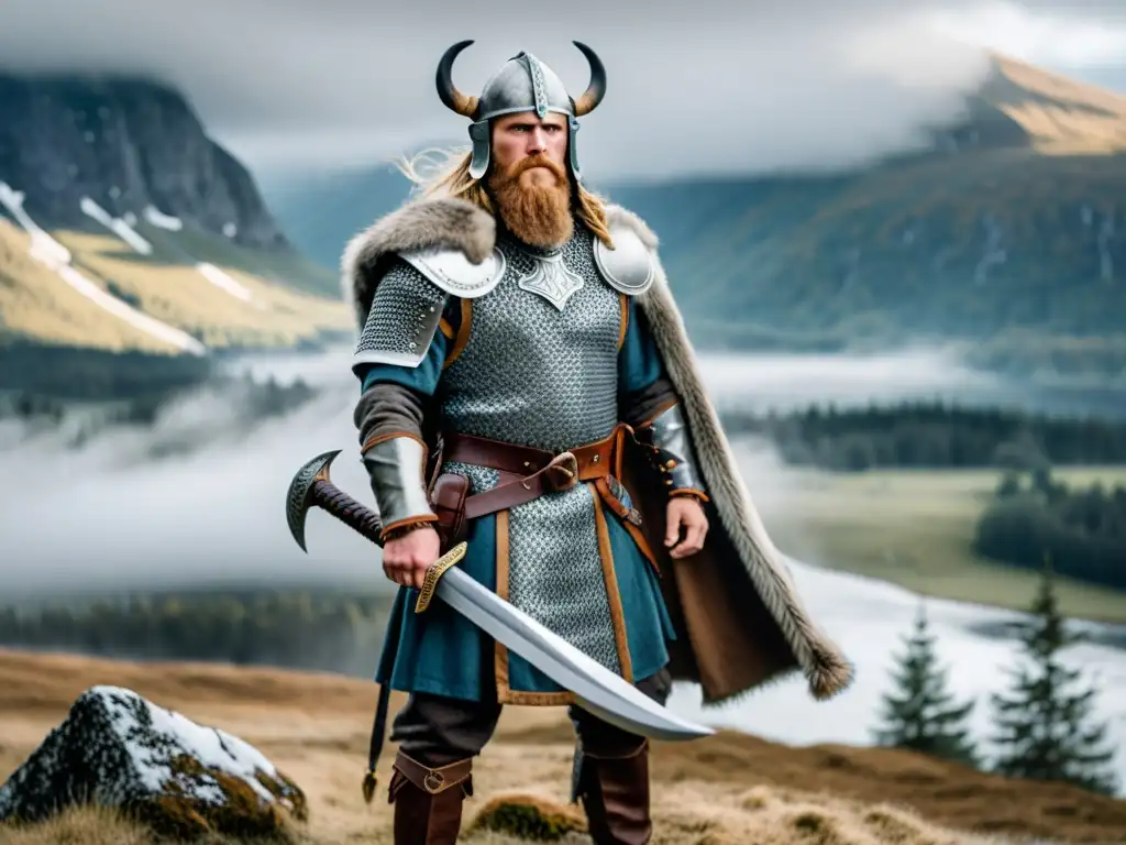 Viking guerrero en paisaje nórdico: épico y detallado Un guerrero vikingo con vestimenta auténtica y paisaje nórdico místico