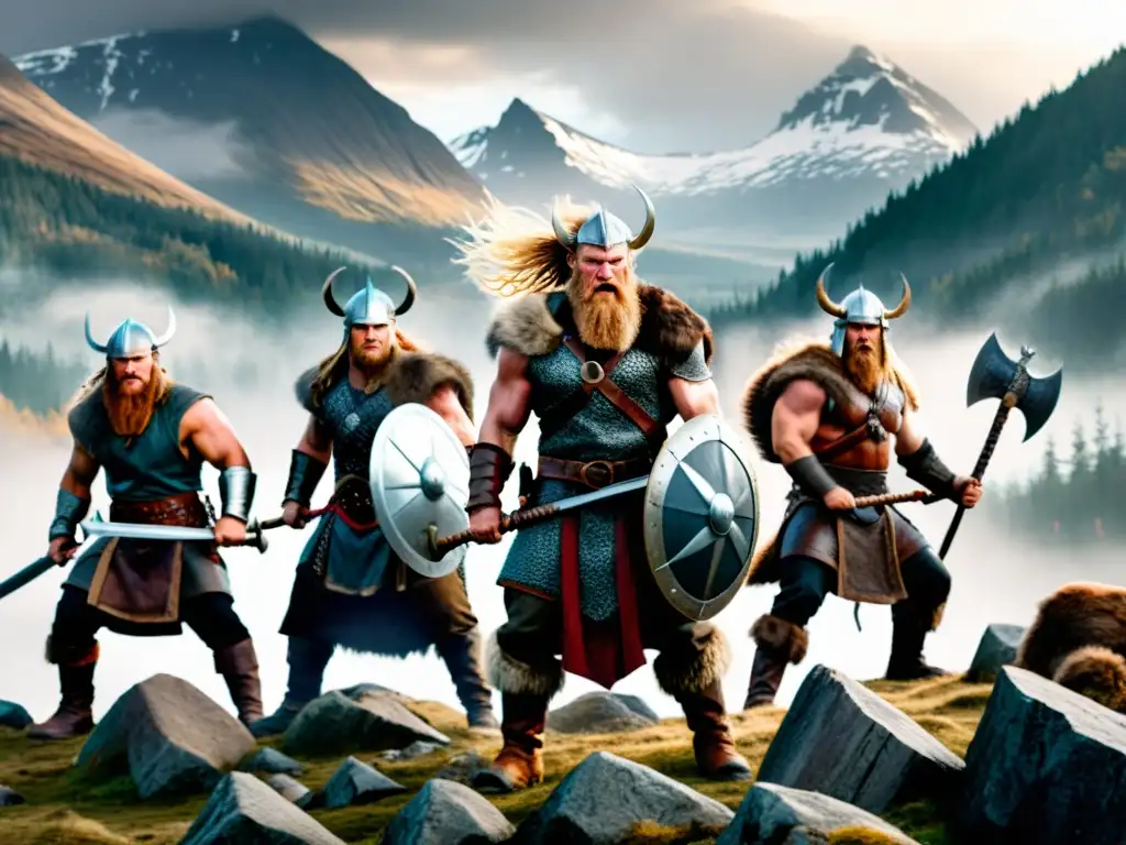 Guerreros berserkers vikingos en batalla, rodeados de caos y poder, en paisaje nórdico