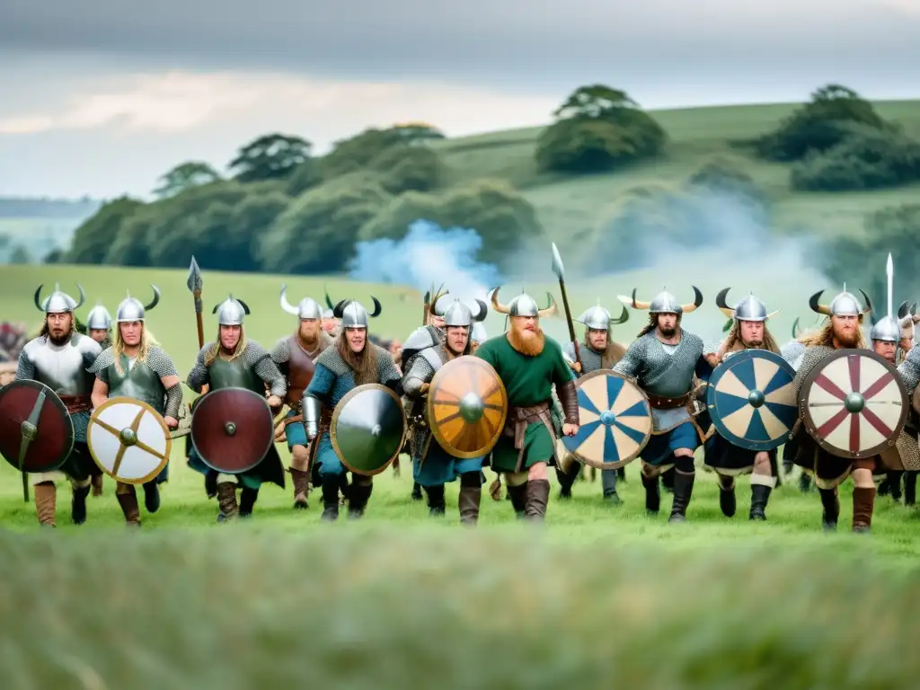 Recreación épica de guerreros vikingos en batalla en York, Inglaterra