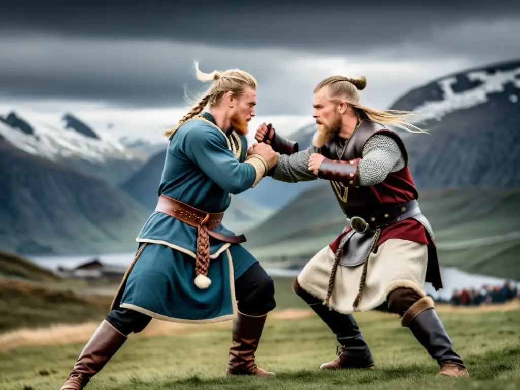 Dos guerreros vikingos en combate cuerpo a cuerpo, demostrando técnicas de lucha ancestral