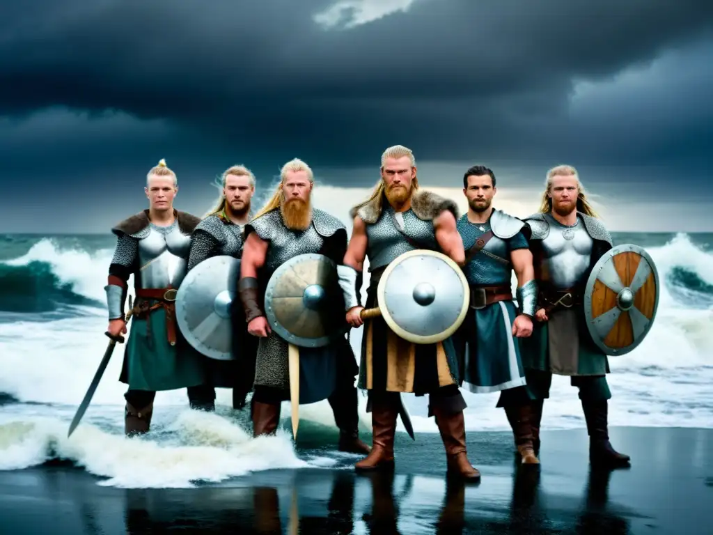 Guerreros vikingos en la costa en tormenta, listos para rituales de iniciación guerreros vikingos