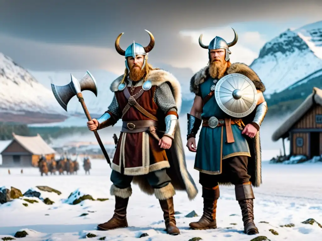 Dos guerreros vikingos en feroz batalla con mjød y hidromiel, rodeados de una casa vikinga y montañas nevadas