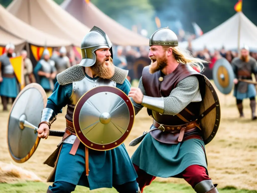 Dos guerreros vikingos combaten en un festival, rodeados de espectadores y banderas, mostrando la intensidad de los combates vikingos en festivales