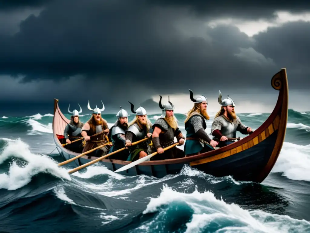 Intrépidos guerreros vikingos surcan un mar tormentoso en barco, reflejando la influencia vikinga en Europa medieval