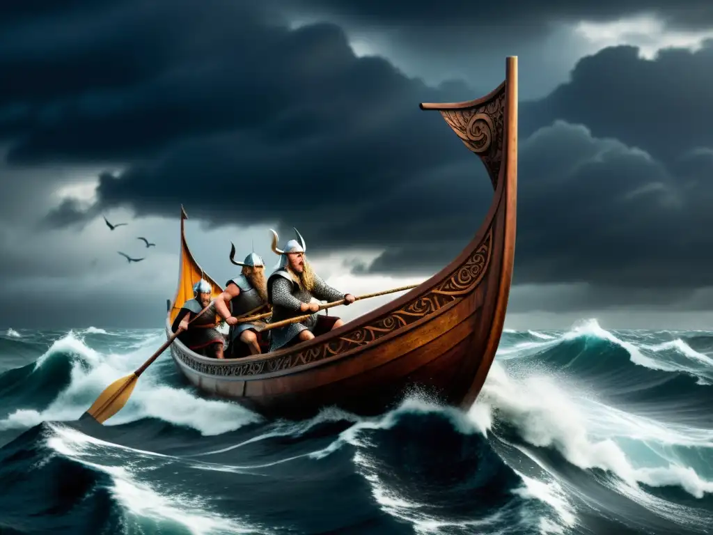 Intrépidos guerreros vikingos surcan mares tormentosos, simbolizando la influencia vikinga en ajedrez geopolítico