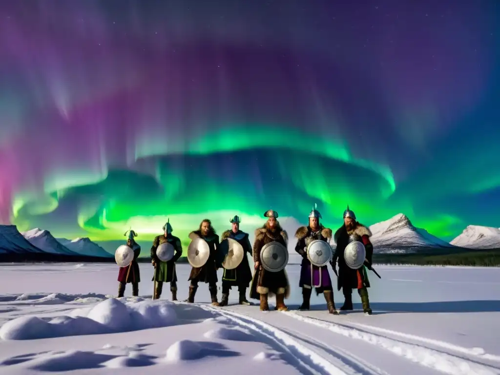 Guerreros vikingos en el norte contemplando la cristianización bajo las auroras boreales